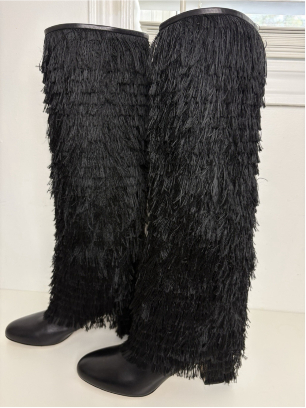 Jimmy Choo Knee High Boots Black Leather Size 37 Magalie Fringe - Picture 8 of 16